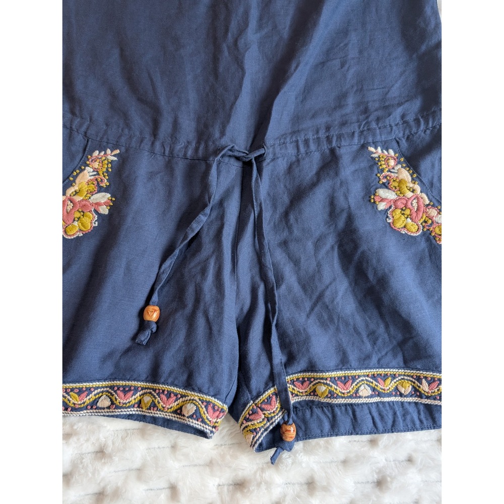 Miss Me Embroidered Romper Drawstring Waist Pockets Blue Boho Size L‎ - Picture 3 of 10